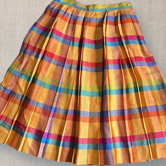 Vintage Dresses & Skirts - Size 10 | LOUBEN | Linen Blend Rainbow Plaid Skirt Orange